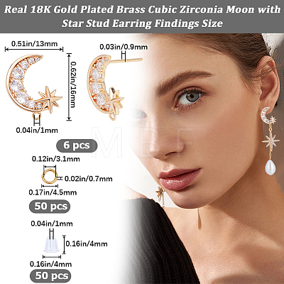 CREATCABIN 6Pcs Brass Pave Clear Cubic Zirconia Moon with Star Stud Earring Findings DIY-CN0002-74-1