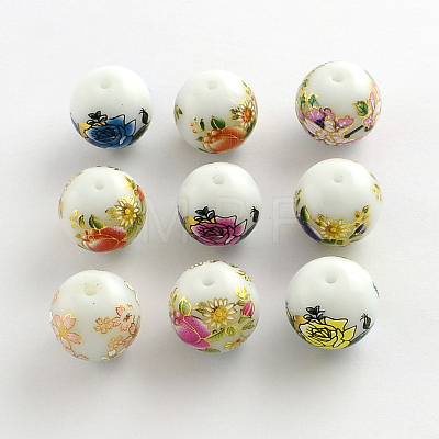 Flower Picture Brushwork Glass Round Beads GFB-R004-14mm-M10-1