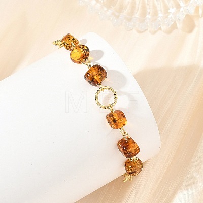 Brass Natural Amber Nuggets Beaded Chain Bracelets for Women BJEW-JB14333-1