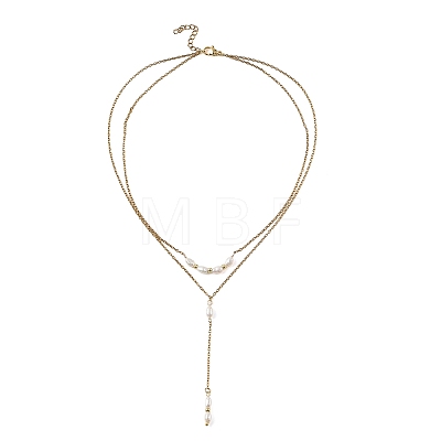 Natural Cultured Freshwater Pearl Two Sides Polished Y Tassel 304 Stainless Steel Double Layered Necklaces for Women NJEW-JN06359-1