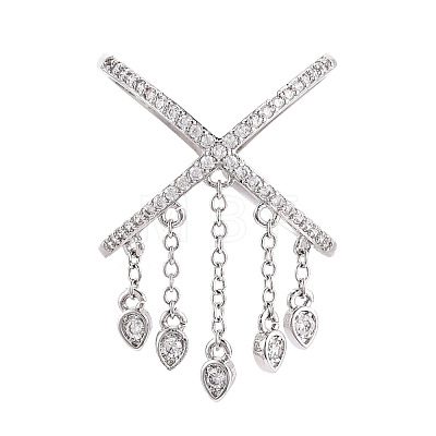 Brass Micro Pave Clear Cubic Zirconia Tassels Cuff Rings KK-T080-01P-1