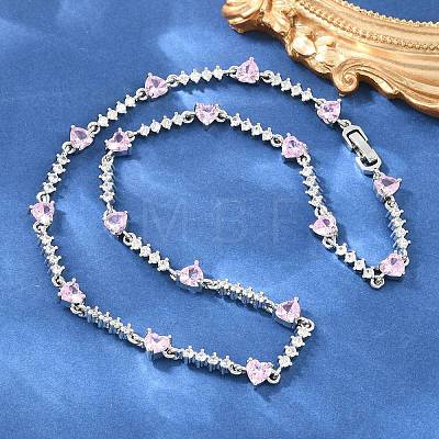 Brass Pave Pink Cubic Zirconia Heart Link Chain Necklaces KK-CBA4547-16A-P-1