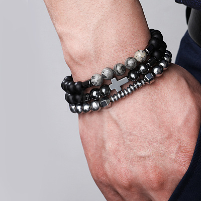 3Pcs Synthetic Non-magnetic Hematite & Natural Picture Jasper & Map Stone Beaded Stretch Bracelets Set for Men WG2E47F-01-1