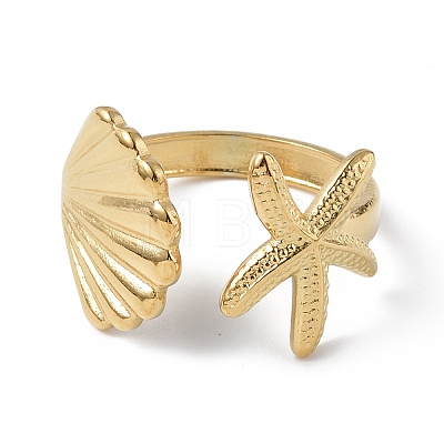 Ion Plating(IP) 304 Stainless Steel Shell with Starfish Open Cuff Ring for Women RJEW-C046-03G-1