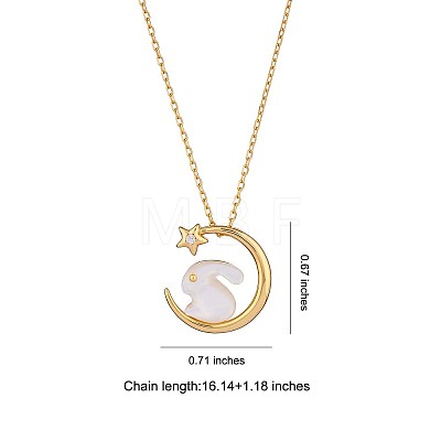 Natural Shell Bunny with Crescent Moon Pendant Necklace with Clear Cubic Zirconia JN1073A-1