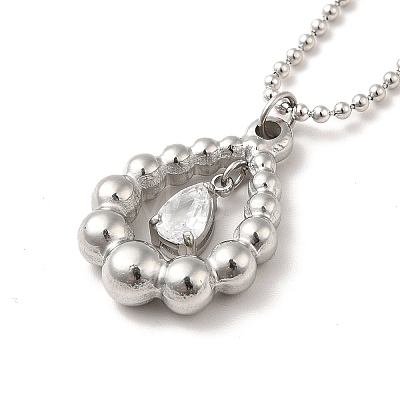 Clear Cubic Zirconia Teardrop Pendant Necklace with 304 Stainless Steel Ball Chains for Women NJEW-H162-01P-1