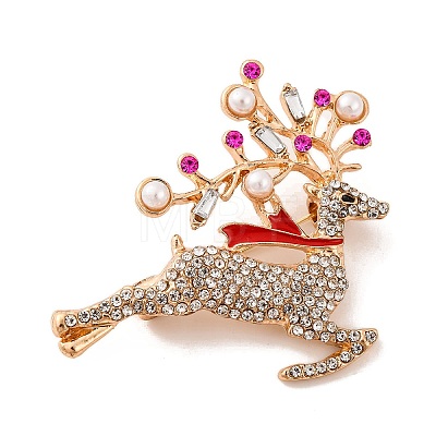 Christmas Alloy Crystal Rhinestone & Plastic Pearl Deer Brooch for Women JEWB-M043-14KCG-1