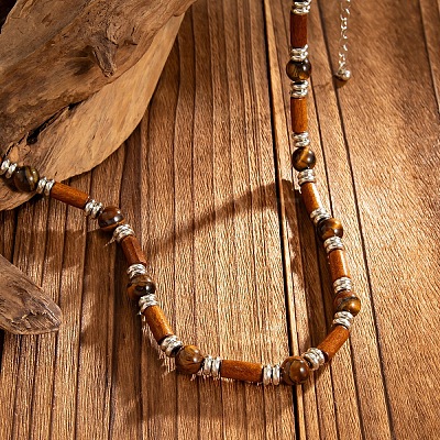 Adjustable Vintage Bohemian Men's Round Natural Tiger Eye and Column Wood Beaded Necklaces HA1225-1