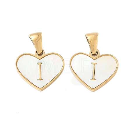 304 Stainless Steel Pave Natural White Shell Heart with Initial Slice Pendants STAS-R168-25G-I-1