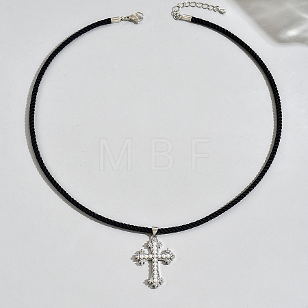 Brass & Imitation Pearl Cross Pendant Black Cord Necklaces for Men LI2000-2-1