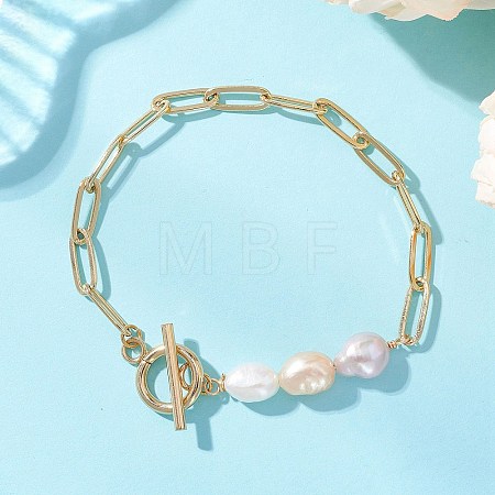 Rice Natural Cultured Freshwater Pearl & Brass Paperclip Chain Bracelets for Women BJEW-JB13543-02-1