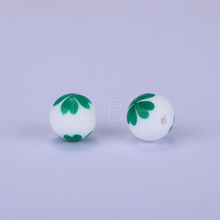 Printed Round with Clover Pattern Silicone Focal Beads SI-JX0056A-178-1
