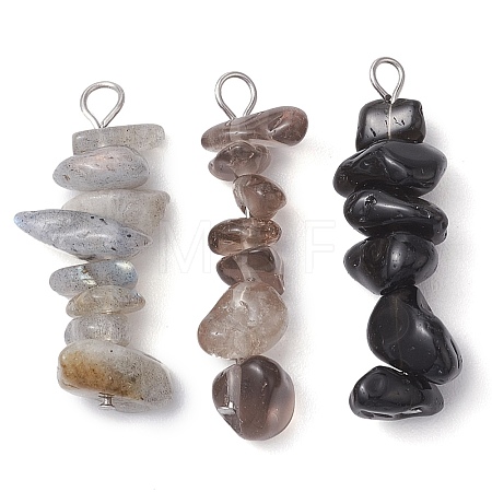 Gradient Color Natural Smoky Quartz & Natural Obsidian & Natural Labradorite Chip Beaded Pendants PALLOY-JF02791-07-1