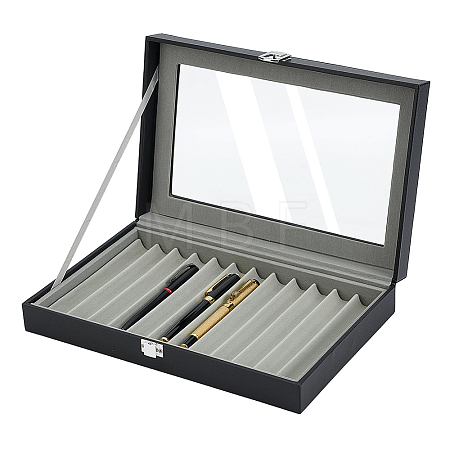 Black PU Leather Pen Organizer Boxes with Clear Glass Visible Window Lid CON-WH0107-129B-1
