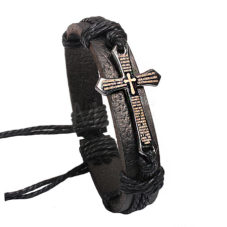 Adjustable Cross with Word Iron Braided Leather Cord Bracelets BJEW-P0001-02B-1