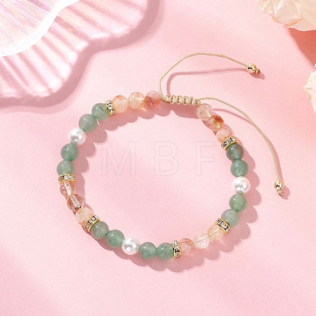 Natural Green Aventurine & Natural Citrine & Shell Pearl Round Beaded Braided Bead Bracelets BJEW-JB13392-01-1