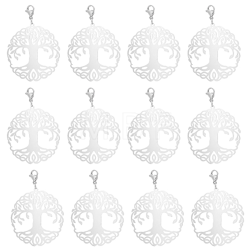 Unicraftale 20Pcs Flat Round with Tree of Life 201 Stainless Steel Filigree Pendant Decorations HJEW-UN0001-10-1