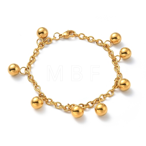 Vacuum Plating 201 Stainless Steel Round Beads Charm Bracelet with 304 Stainless Steel Chains for Women BJEW-E108-07G-1