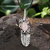 Natural Rose Quartz Alloy Feather Pendant Black PU Leather Cord Necklaces FS1864-3-1