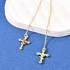 Cross with Flower Brass Clear Cubic Zirconia Ear Thread EJEW-H182-13G-3