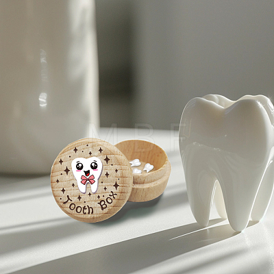 Round Beech Wooden 3D Engraved My First Tooth Box CON-WH0120-004-1