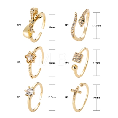 6Pcs 6 Style Adjustable Brass Micro Pave Clear Cubic Zirconia Cuff Rings RJEW-LS0001-09G-1