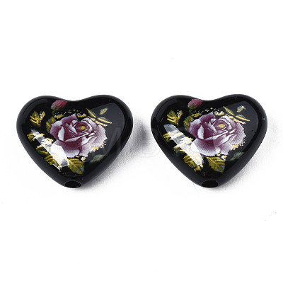 Flower Printed Opaque Acrylic Heart Beads SACR-S305-28-K03-1