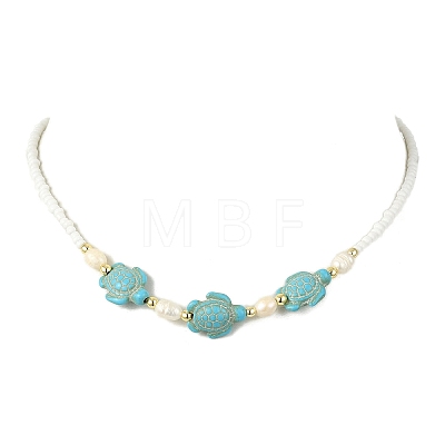 Ocean Sea Animals Synthetic Turquoise & Natural Cultured Freshwater Pearl & Glass Seed Beaded Necklaces for Women NJEW-JN06127-02-1
