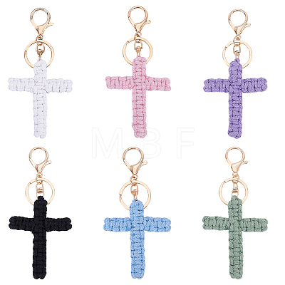 6Pcs 6 Colors Cotton Woven Cross Keychains KEYC-HY0001-42-1