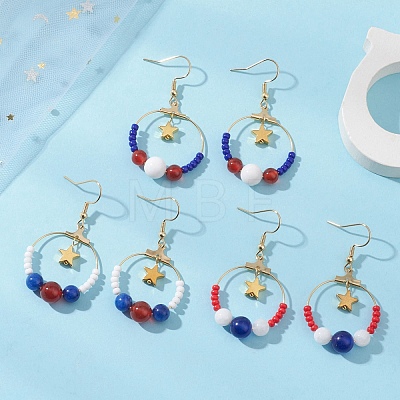 Independence Day 3 Pairs 3 Styles Natural Mashan Jade & Natural Carnelian & Natural White Jade & Natural Yellow Jade & Natural Malaysia Jade & Glass Seed Beaded & Brass Dangle Earrings EJEW-MZ00720-1