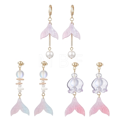 Glass & Cellulose Acetate(Resin) Beads Fishtail Dangle & Hoop Earring Sets EJEW-TA00791-1