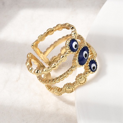 Brass Enamel Evil Eye Open Cuff Rings for Women RJEW-L339-01G-02-1