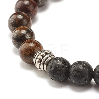 Natural Bronzite & Lava Rock Round Beads Stretch Bracelet BJEW-JB07457-1