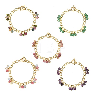 Natural Mixed Gemstone Faceted Cube Beads Tassel Brass Textured Cable Chain Bracelets for Women BJEW-JB14335-1