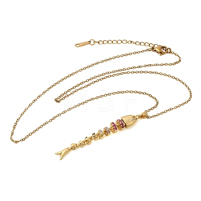 201 Stainless Steel Pave Colorful Cubic Zirconia Fish Bone Pendant Necklaces for Women NJEW-C111-02A-G-1
