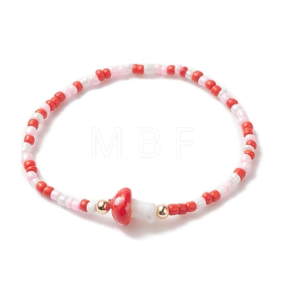 Mushroom Lampwork & Glass Seed & Brass Beaded Stretch Bracelets for Women BJEW-JB09272-1