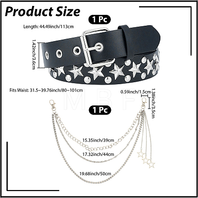 2Pcs 2 Styles Alloy Star & Black PU Leather Chain Belts DIY-CL0002-54-1