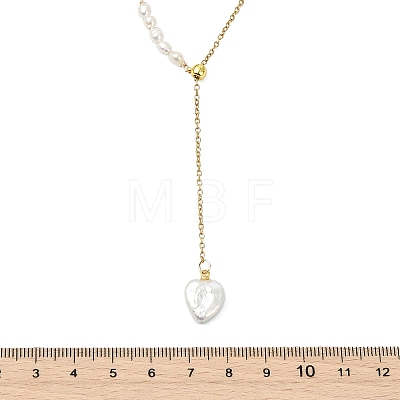 Adjustable Natural Baroque Keshi Pearl Heart Pendant 304 Stainless Steel Cable Chain Y Shaped Lariat Necklaces for Women NJEW-JN06095-1