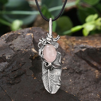 Natural Rose Quartz Alloy Feather Pendant Black PU Leather Cord Necklaces FS1864-3-1