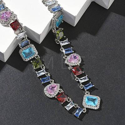 Brass Pave Colorful Cubic Zirconia Rectangle Square Teardrop Tennis Necklaces NJEW-G183-09P-1