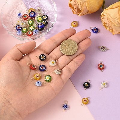 40Pcs 8 Styles Handmade Millefiori Lampwork Flat Round Connector Charms PALLOY-YW00210-1