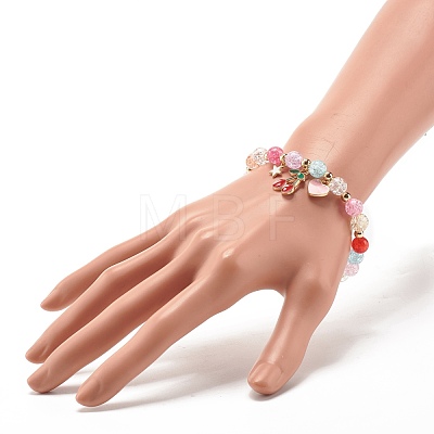 Candy Color Round Beaded Stretch Bracelet with Heart Cherry Charm for Women BJEW-JB07636-01-1