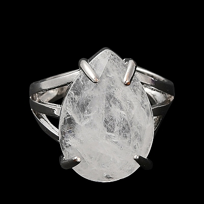 Natural Quartz Crystal Teardrop Adjustable Rings RJEW-K241-03P-11-1