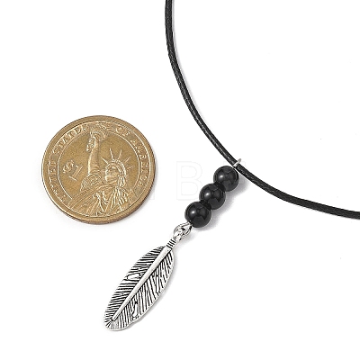 Alloy Feather Pendant Black Waxed Polyester Cord Long Necklaces NJEW-JN05638-1