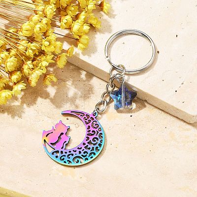 Stainless Steel Hollow Moon Cat Keychains KEYC-JKC00585-03-1