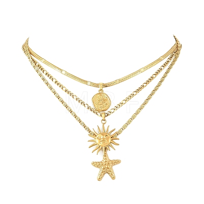 Ocean 304 Stainless Steel Sun Starfish Disc Pendant 3 Layer Necklaces for Women SA-CBA9AC8-01G-1