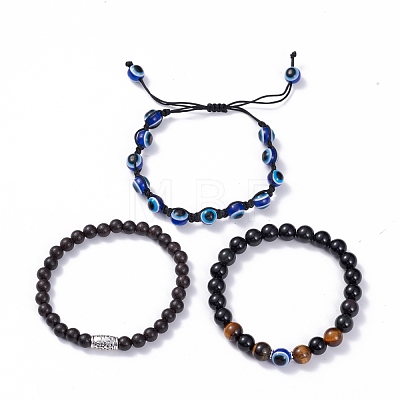 3Pcs 3 Style Natural Obsidian & Tiger Eye & Wood Stretch Bracelets Set BJEW-JB07622-1