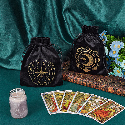 2Pcs 2 Styles Printed Velvet Drawstring Storage Bags for Tarot Card ABAG-CN0001-78-1