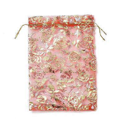 Gold Stamping Rose Flower Rectangle Organza Gift Bags OP-L006E-01-1