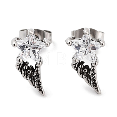 Star Wing 316 Surgical Stainless Steel Pave Clear Cubic Zirconia Stud Earrings for Women Men EJEW-Z050-01B-AS-1